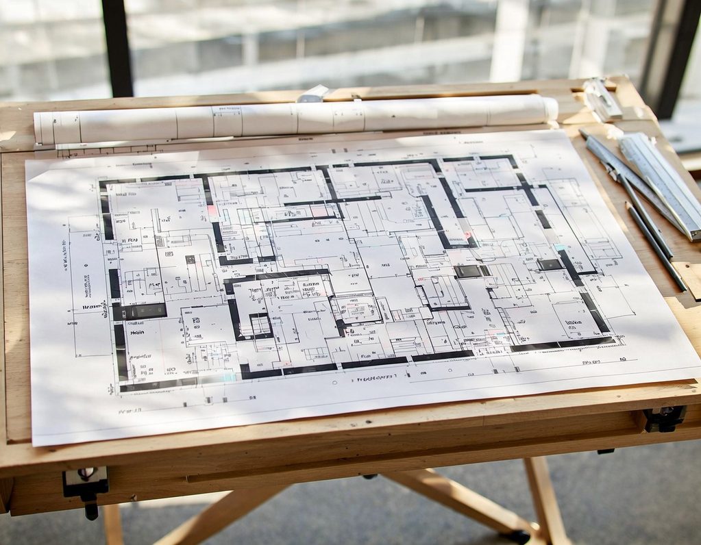 Architectural drawings on a draftsman's table
